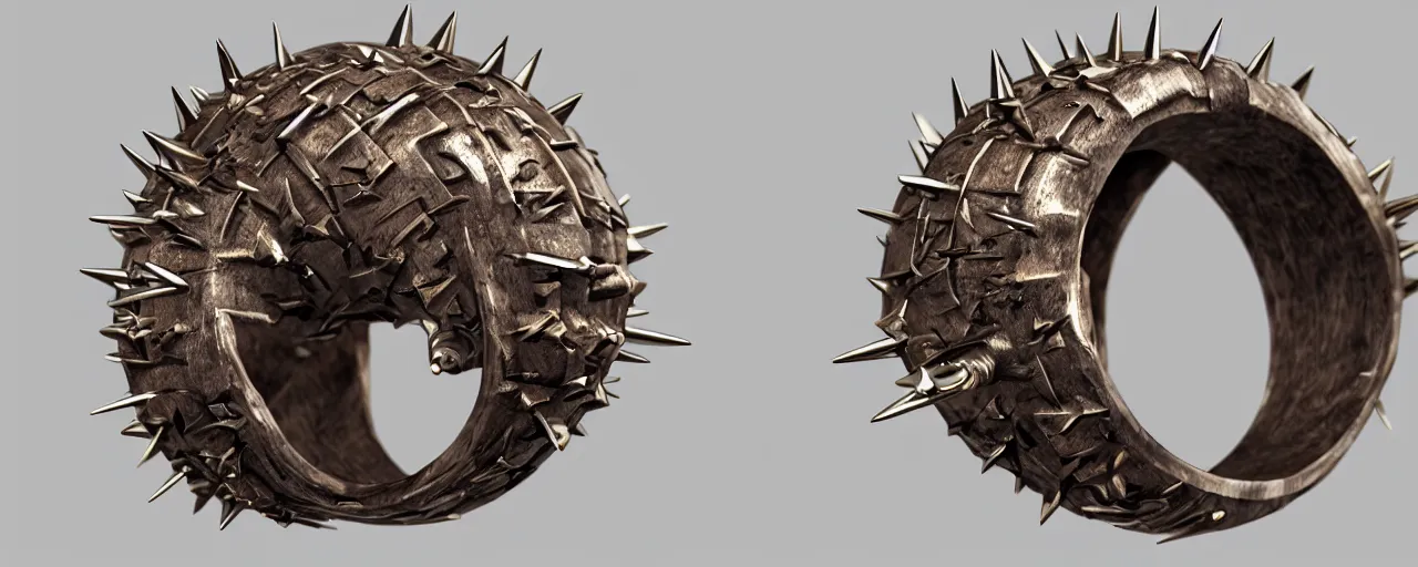 Image similar to wooden ring with spikes, ring, wood, steel, sword, smooth shank, engravings, product design, jewelry, art by gerald brom, greg rutkowski and artgerm and james jean and zdzisław beksinski, 8 k, unreal engine, c 4 d