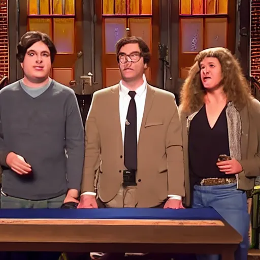 Prompt: a Saturday Night Live sketch starring Fred, Greg, Bob, and Sarah