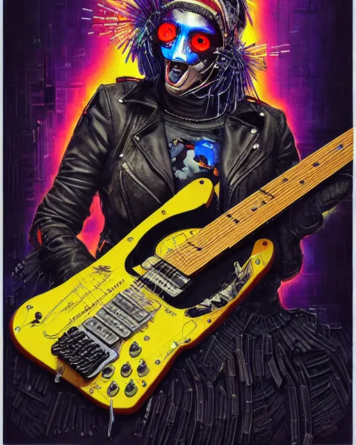 Image similar to a portrait of an anthropomorphic cyberpunk raven shredding an electric guitar as the guitar melts by sandra chevrier, by jon foster, detailed render, tape deck, epic composition, cybernetics, 4 k realistic, cryengine, realistic shaded lighting, sharp focus, masterpiece, by enki bilal