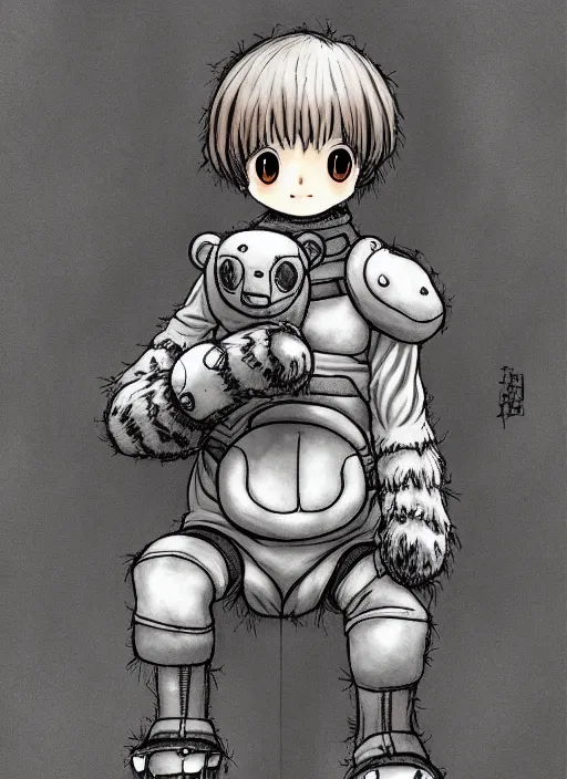 Image similar to beautiful little boy wearing an cyborg bear suit, artwork in kentaro miura and made in abyss and rosdraws, smooth, beautiful lightness, anatomically correct, trending on pixiv, forest