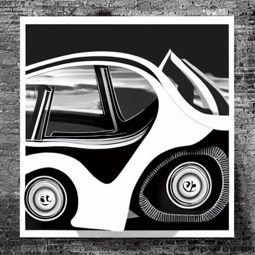 Image similar to the car from the future, vintage, futuristic style, retro - futurism, black and white, poster