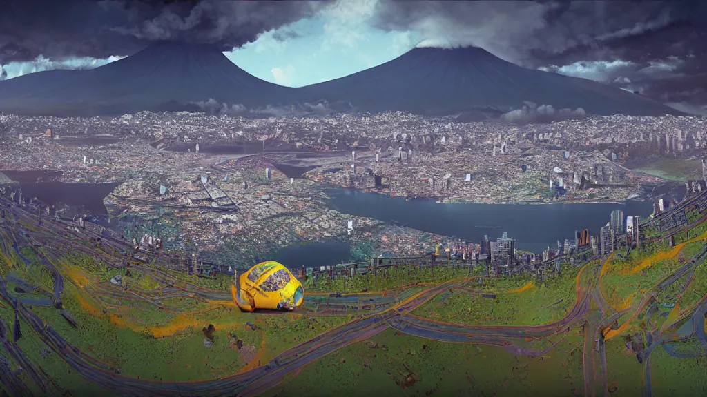 Image similar to Nuclear Nature Solarpunk harmony; Drone shots of Quito, Ecuador; by Simon Stålenhag, oil on canvas; Art Direction by James Cameron; 4K, 8K; Ultra-Realistic Depth Shading