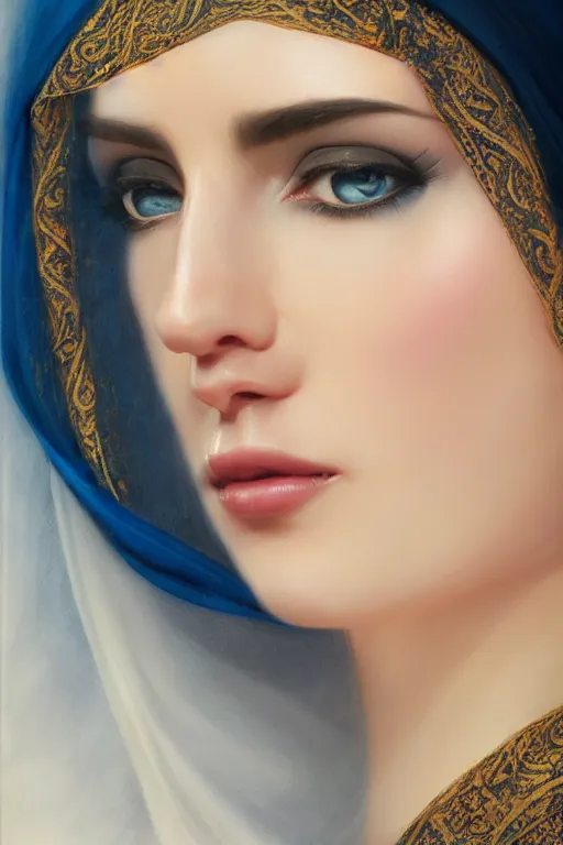 Image similar to arab Ameera al-Taweel, bright blue eyes, black hair, simple white veil, closeup, focus face, elegant, highly detailed, centered, oil painting, artstation, concept art by tom bagshaw