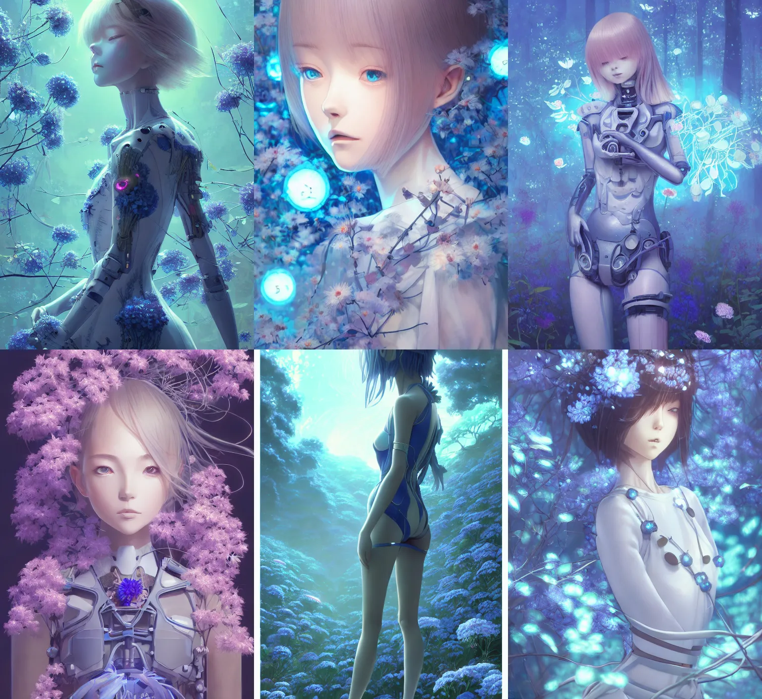 Prompt: detailed, sharp, dreaming humanoid female automata in exoskeleton surrounded by glowing blue flowers and flora floating above a dystopia by Ilya Kuvshinov and Anna Dittmann and studio ghibli and WLOP and Rossdraws, digital art, surreal, trending on artstation, anime arts, featured on Pixiv, blue lighting, HD, 8K, highly detailed, good lighting, beautiful, epic, masterpiece