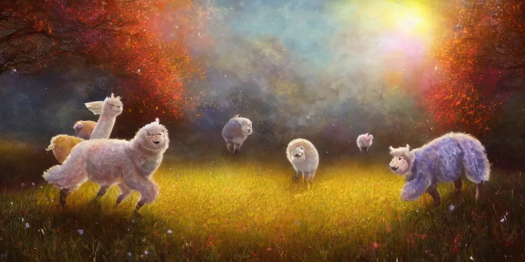 Image similar to magical fairy alpacas frolicking in a field, autumn, sparkles, light beams, digital art, oil painting, fantasy, 8 k, trending on artstation, detailed