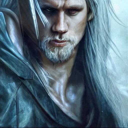 Image similar to charlie hunnam, sephiroth, darkwave, darksynth character portrait, sharp, digital matte painting, art by luis royo, greg rutkowski, wlop, dramatic lighting, trending on artstation