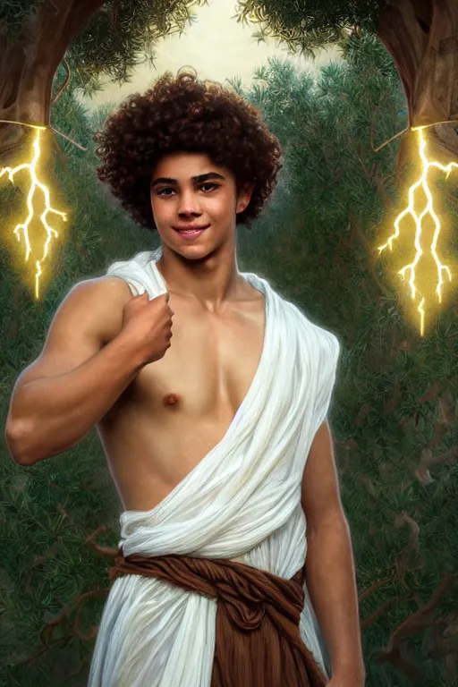 Image similar to portrait of teenage zeus, greek, short curly copper hair, smiling mischievously, wearing a white sash, olive tree, intricate, elegant, lightning bolt, glowing lights, highly detailed, digital painting, artstation, concept art, smooth, sharp focus, illustration, art by wlop, mucha, artgerm, and greg rutkowski