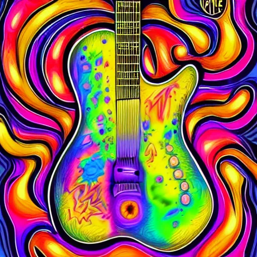 Image similar to psychedelic illustration of a guitar player melting on colors, alucination, trending on art station, masterpiece