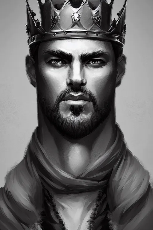 Image similar to a portrait of the handsome king, grim - lighting, high - contrast, intricate, elegant, highly detailed, digital painting, artstation, concept art, smooth, sharp focus, illustration