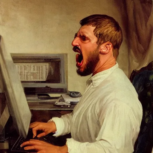 Image similar to an angry man yells at his computer monitor, oil on canvas, 1 8 8 3, highly detailed