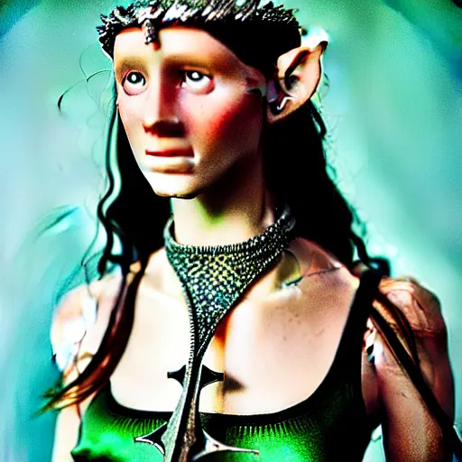 Image similar to a still from “Lord of the Rings” of a head and shoulders action portrait of a bejeweled magical female elf queen wearing a circlet and choker, Vogue magazine photo