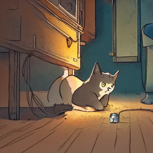 Prompt: a playful robotic cat playing with a ball made out of copper, studio ghibli, extremely detailed, cozy, cabin interior, cinematic lighting, cute,