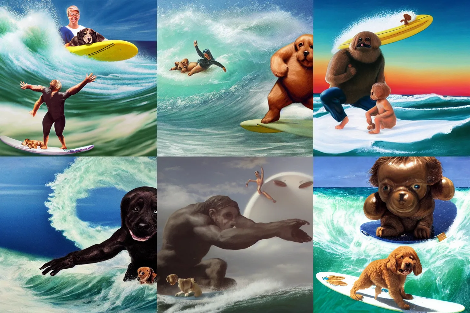 Prompt: a giant cyclopes holding a puppy while surfing a wave, realism,