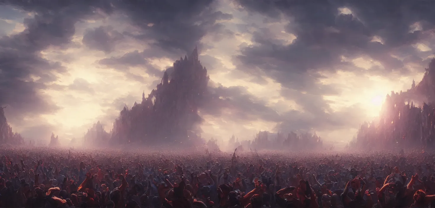 Image similar to painting of a crowd with raised arms pointing toward, cinematic view, epic sky, detailed, concept art, low angle, high detail, warm lighting, volumetric, godrays, vivid, beautiful, trending on artstation, by jordan grimmer, huge scene, art greg rutkowski