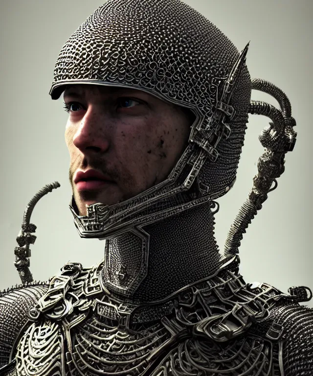 Prompt: hyperrealistic mixed media painting of a stoic male fighter, stunning 3d render inspired art by P. Craig Russell and Barry Windsor-Smith + perfect facial symmetry + dim volumetric lighting, ornate chainmail armor, head and shoulders, d&d, arms crossed, 8k octane beautifully detailed render, post-processing, extremely hyperdetailed, intricate, epic composition, grim yet sparkling atmosphere, cinematic lighting + masterpiece, trending on artstation, very very detailed, masterpiece, stunning