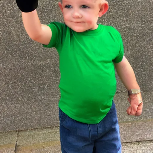Image similar to small 3 year old boy in a white shirt with green sleeves holding a fist with crumpy look