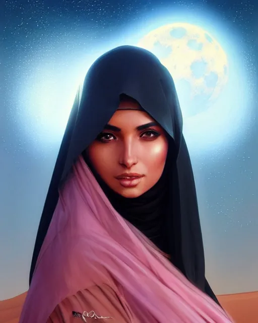 Image similar to Portrait of very very very very very very beautiful Arab woman wearing a Niqab, glowing magical eyes, energy trails, under giant full moon in the desert, intricate, elegant, highly detailed, digital painting, artstation, concept art, smooth, sharp focus, illustration, art by artgerm and greg rutkowski and alphonse mucha