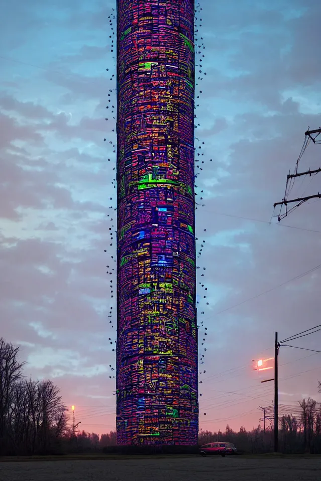 Image similar to cyberpunk tower made out of billions of stacked computer screens by simon stalenhag and dan mumford