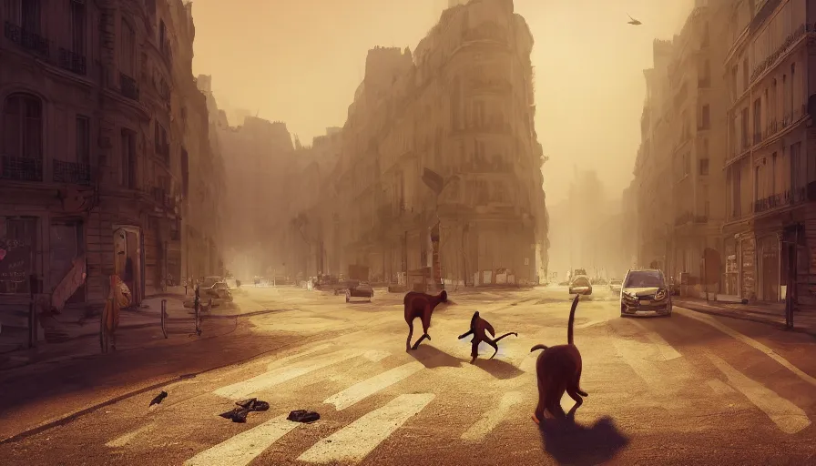 Image similar to cats crossing empty dusty streets of abandoned paris, heat wave, hyperdetailed, artstation, cgsociety, 8 k