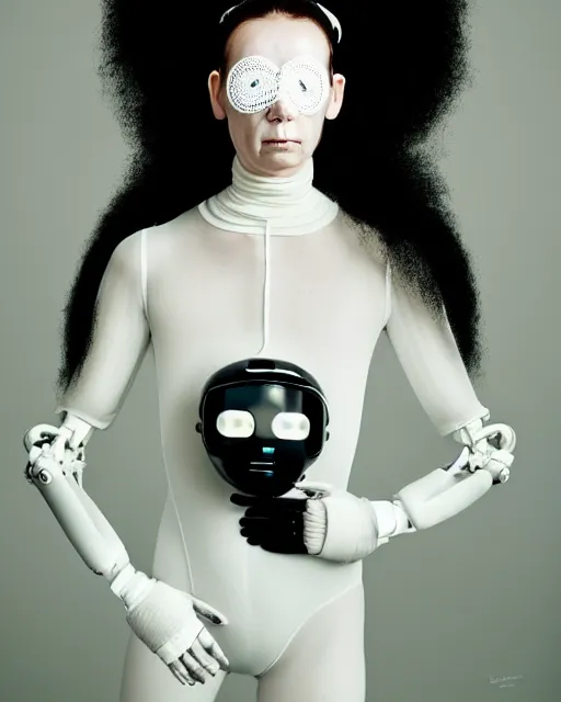 Prompt: portrait of a woman wearing a white embroidered translucent silicone mask and white lilac frizzy hair buns, wearing a black bodysuit by alexander mcqueen, cream white background, soft diffused light, biotechnology, humanoide robot, bjork aesthetic, translucent, by rineke dijkstra, intricate details, highly detailed, masterpiece,