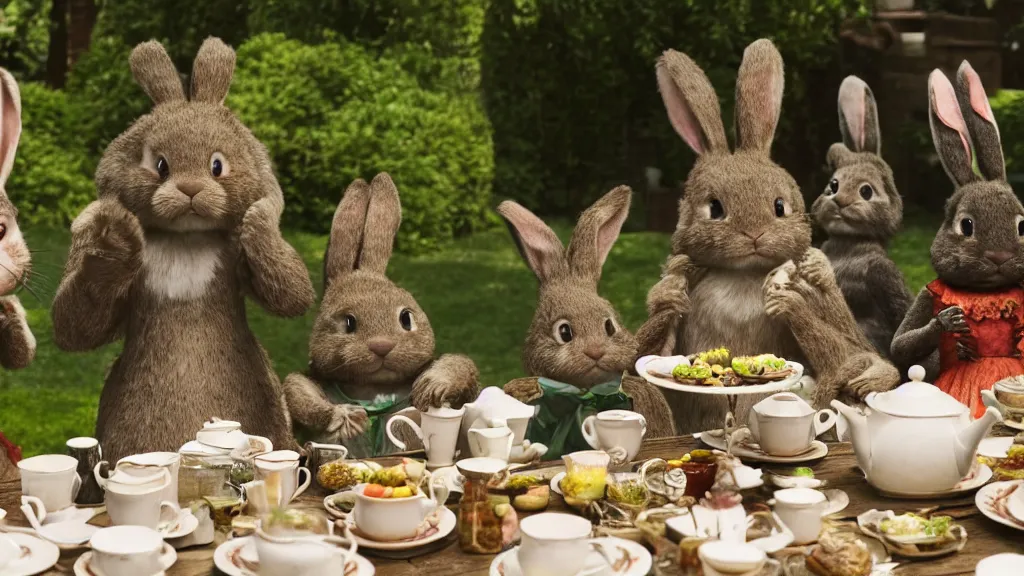 Prompt: film still from the movie chappie outdoor park plants garden scene bokeh depth of field several figures sitting down at a table having a delicious grand victorian tea party crumpets furry anthro anthropomorphic stylized rabbit bunny