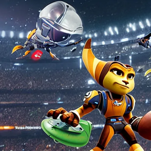 Prompt: ratchet and clank watches the nfl football, ultrarealistic