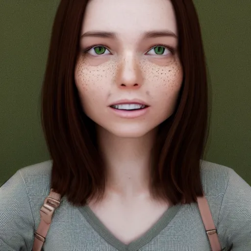 Prompt: Render of April, a cute 3D young woman, long shiny bronze brown hair, full round face, green eyes, medium skin tone, light cute freckles, light blush, smiling softly, wearing casual clothing, interior lighting, cozy living room background, medium shot, mid-shot, hyperdetailed, hyperreal, trending on Artstation, 8k,