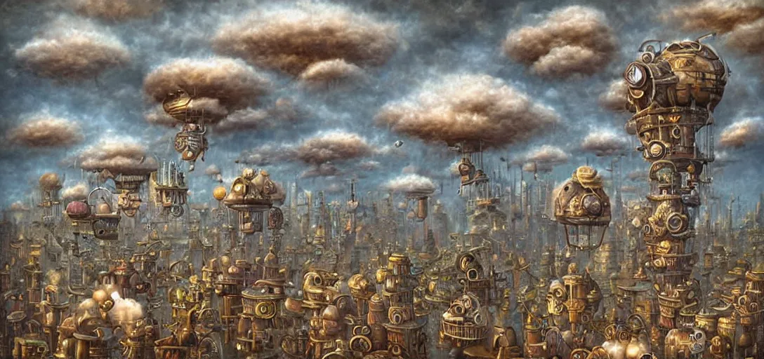 Image similar to a steampunk village built on clouds in the sky, by Naoto Hattori,