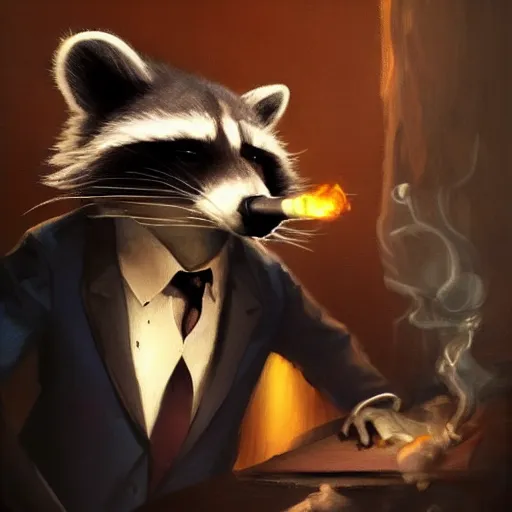 Image similar to a racoon wearing a suit smoking a cigar, dramatic lighting, cinematic, establishing shot, extremly high detail, photorealistic, cinematic lighting, artstation, style by James Gurney