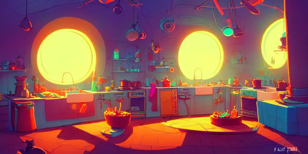 Prompt: naive, weird perspective, cel shading, pastel, epic detailed illustration of a kitchen dim lit by 1 candle in a scenic spiral environment by anton fadeev from lorax movie, trending artstation