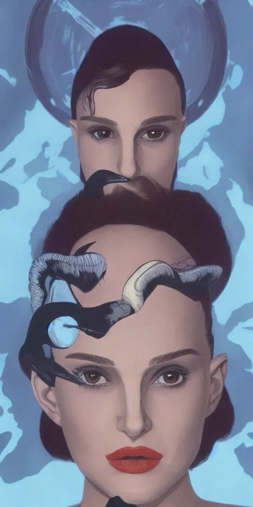 Prompt: a headshot head shot portrait of Natalie Portman as Black Swan on field forrest spaceship station landing laying lake artillery outer worlds shadows in FANTASTIC PLANET La planète sauvage animation by René Laloux