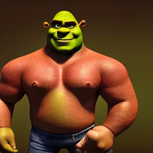 Image similar to muscular shrek with red glowing eyes, highly detailed, high quality, hd, 4 k, 8 k, canon 3 0 0 mm, professional photographer, 4 0 mp, lifelike, top - rated, award winning, realistic, sharp, no blur, edited, corrected, trending