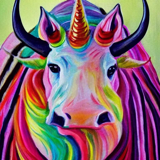 Prompt: A Bufficorn, a mythical animal which is half buffalo, half Unicorn. painting