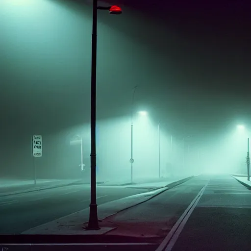 Image similar to A stunningly beautiful award-winning 45 degree down angle 8K high angle cinematic movie photograph of a spooky foggy lightless main intersection in an abandoned 1950s small town at night, by David Fincher and Darius Khonji, cinematic lighting, perfect composition, moody low key volumetric light. Color palette from Seven, greens yellows and reds. 2 point perspective, high angle from 15 feet off the ground. Octane render