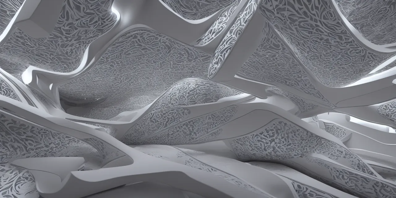 Image similar to a photorealistic 3 d seamless damask pattern futuristic robotic spaceship interior in the style of zaha hadid, damask pattern, white and gold, high contrast, 3 d realistic model render in unreal engine 5, octane, artstation trending, ultra high detail, ultra realistic, cinematic, 8 k, large realistic large elements in plastic, dark atmosphere,