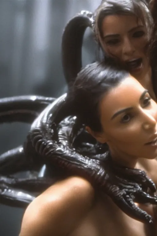 Prompt: film still of kim kardashian in the movie Alien, xenomorph holding kim in a chokehold, kim unconscious, cinematic shot, 4k.