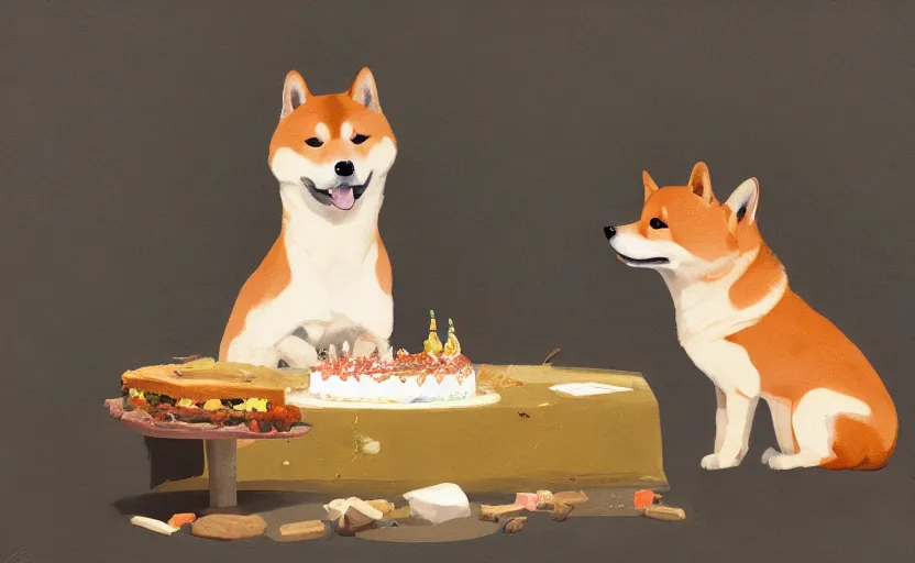 Image similar to a painting of a shiba inu eating a birthday cake trending on artstation in the style of greg rutkowski