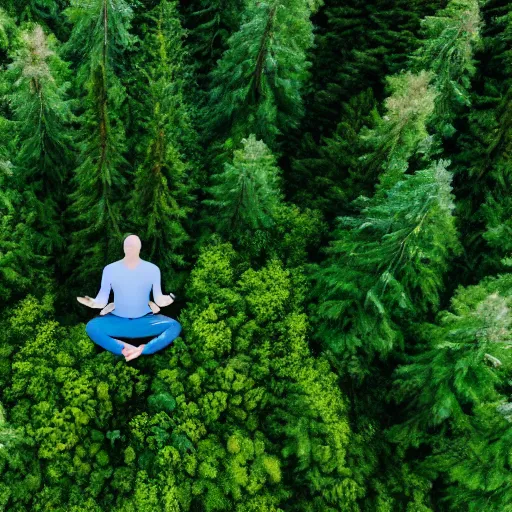 Image similar to meditating man hovering above a clear blue lake in a clearing in the middle of an evergreen forest at dawn