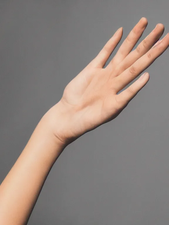 Prompt: photo of one! detailed elegant woman's hand palm up with palmar lines, long fingers, instagram photo, studio photo