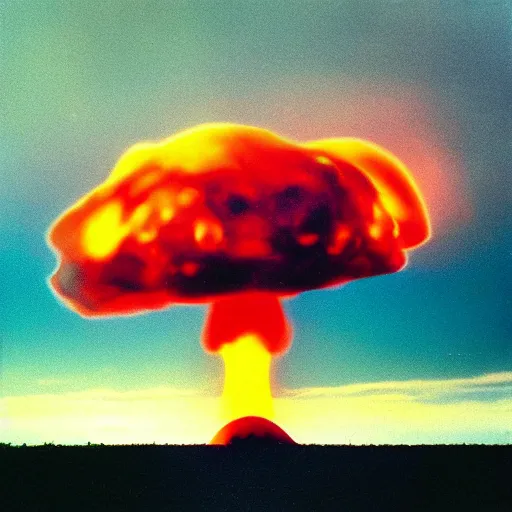 Image similar to “nuclear explosion photography, mushroom cloud, end of the world, cinestill 800t, in the style of William eggleston”