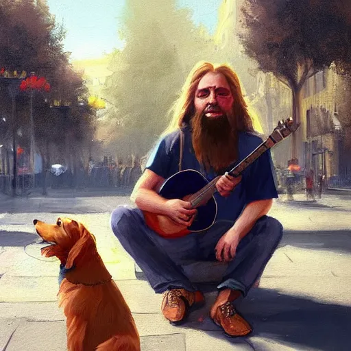 Image similar to oil painting of a young man with long hair blond and a beard hippie style with his golden retrever dog playing guitar in the square for money, people watching around, by greg rutkowski, artstation