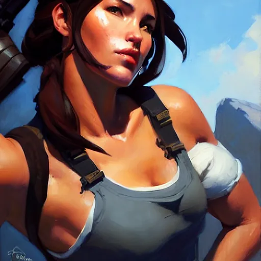 Image similar to Greg Manchess portrait painting of Lara Croft as Overwatch character, medium shot, asymmetrical, profile picture, Organic Painting, sunny day, Matte Painting, bold shapes, hard edges, street art, trending on artstation, by Huang Guangjian and Gil Elvgren and Sachin Teng