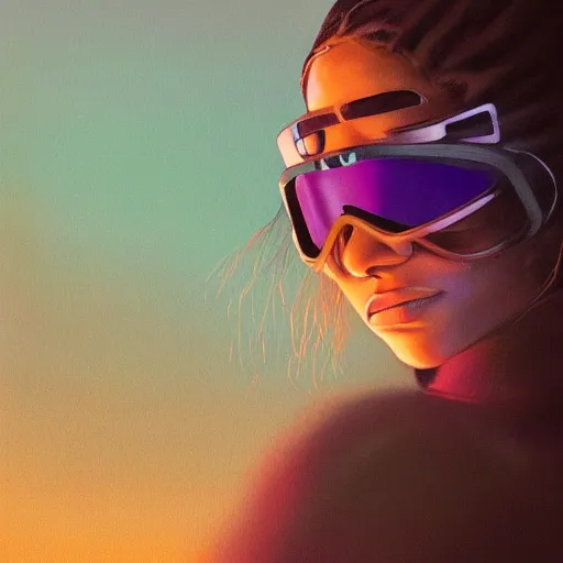 Image similar to zendaya wearing opaque reflective goggles profile picture by Greg Rutkowski, brown skin, very long hair, dune, asymmetrical, futuristic, neon volumetric lights, cool colors, streetwear, studio ghibli, Organic Painting , Matte Painting, geometric shapes, hard edges, street art, trending on the artstation, fantasy LUT, realistic by Sachin Teng + Martin Grip + Moebius, techwear, Industrial Scifi, detailed illustration, character portrait,