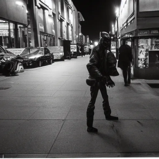 Image similar to old night photography of an alien walking in the streets at of a city at night, real, photography, security camera, found footage