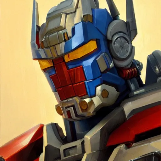 Image similar to greg manchess portrait painting of optimus prime as overwatch character, medium shot, asymmetrical, profile picture, organic painting, sunny day, matte painting, bold shapes, hard edges, street art, trending on artstation, by huang guangjian and gil elvgren and sachin teng