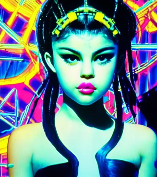 Prompt: very beautiful futuristic selena gomez as fka twigs in a blend of 8 0 s anime - style art, augmented with vibrant composition and color, filtered through a cybernetic lens, by hiroyuki mitsume - takahashi and noriyoshi ohrai and annie leibovitz, dynamic lighting, flashy modern background with black stripes