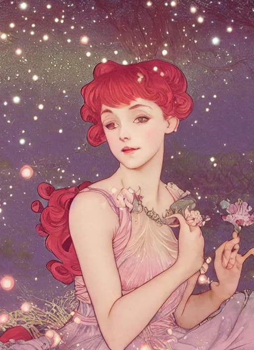 Prompt: portrait of a red - headed early thirties fairy, pixie, fae, imp, sprite in double bun hairstyle and sparkly, gleam baby pink coral outfit, elegant, intricate, highly detailed, smooth, sharp focus, ethereal, misty, fireflies in the backdrop. octane render, pastel color scheme, by hayao miyazaki and alphonse mucha.