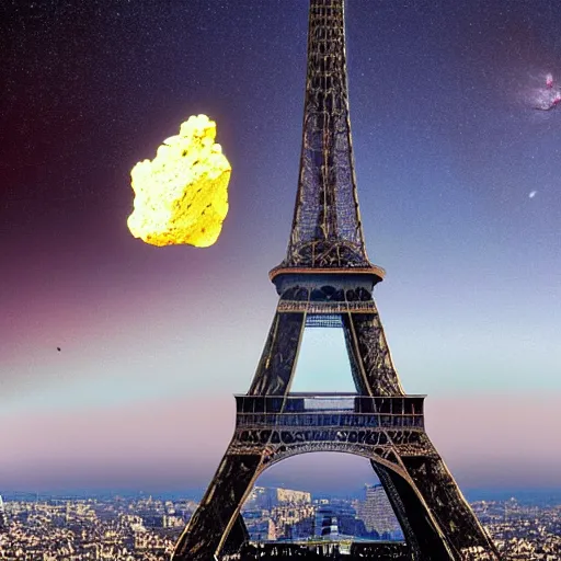 Prompt: an asteroid the size of the moon crashing into the eiffel tower at the point of impact.