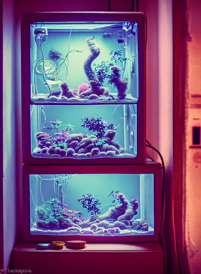 Image similar to telephoto 7 0 mm f / 2. 8 iso 2 0 0 photograph depicting the feeling of chrysalism in a cosy safe cluttered french sci - fi ( ( art nouveau ) ) cyberpunk apartment in a pastel dreamstate art cinema style. ( cat ) ( ( fish tank ) ), ambient light.