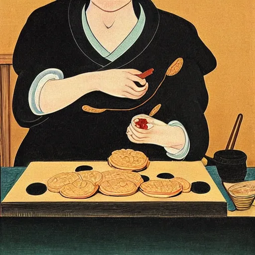 Prompt: a highly detailed painting of a cat chef baking cookies in the style of matisse, caravaggio, ukiyo - e